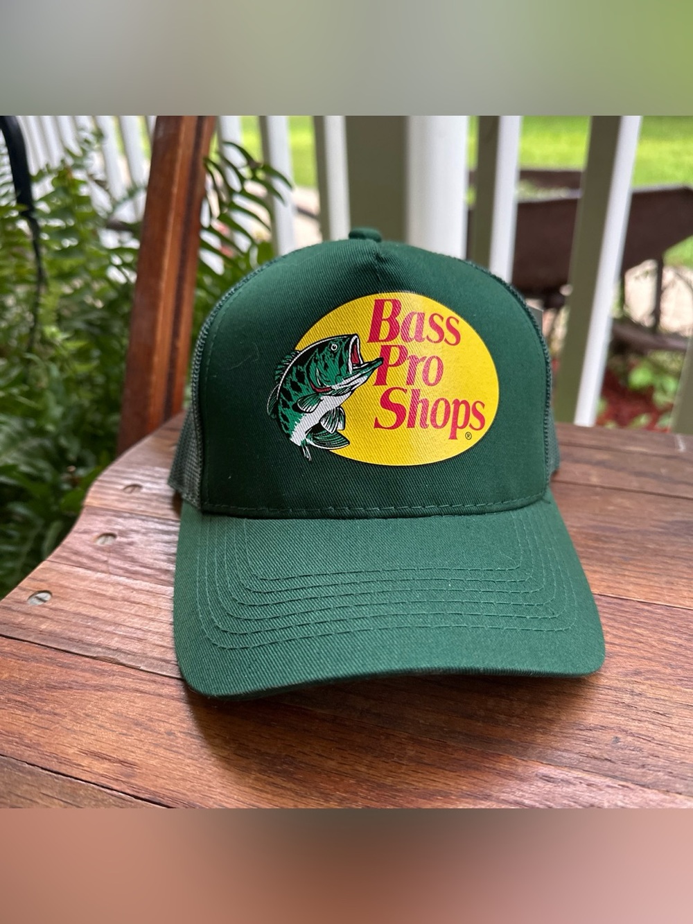 Bass Pro Shops Dark Green Mesh Back Trucker Hat with Yellow Logo